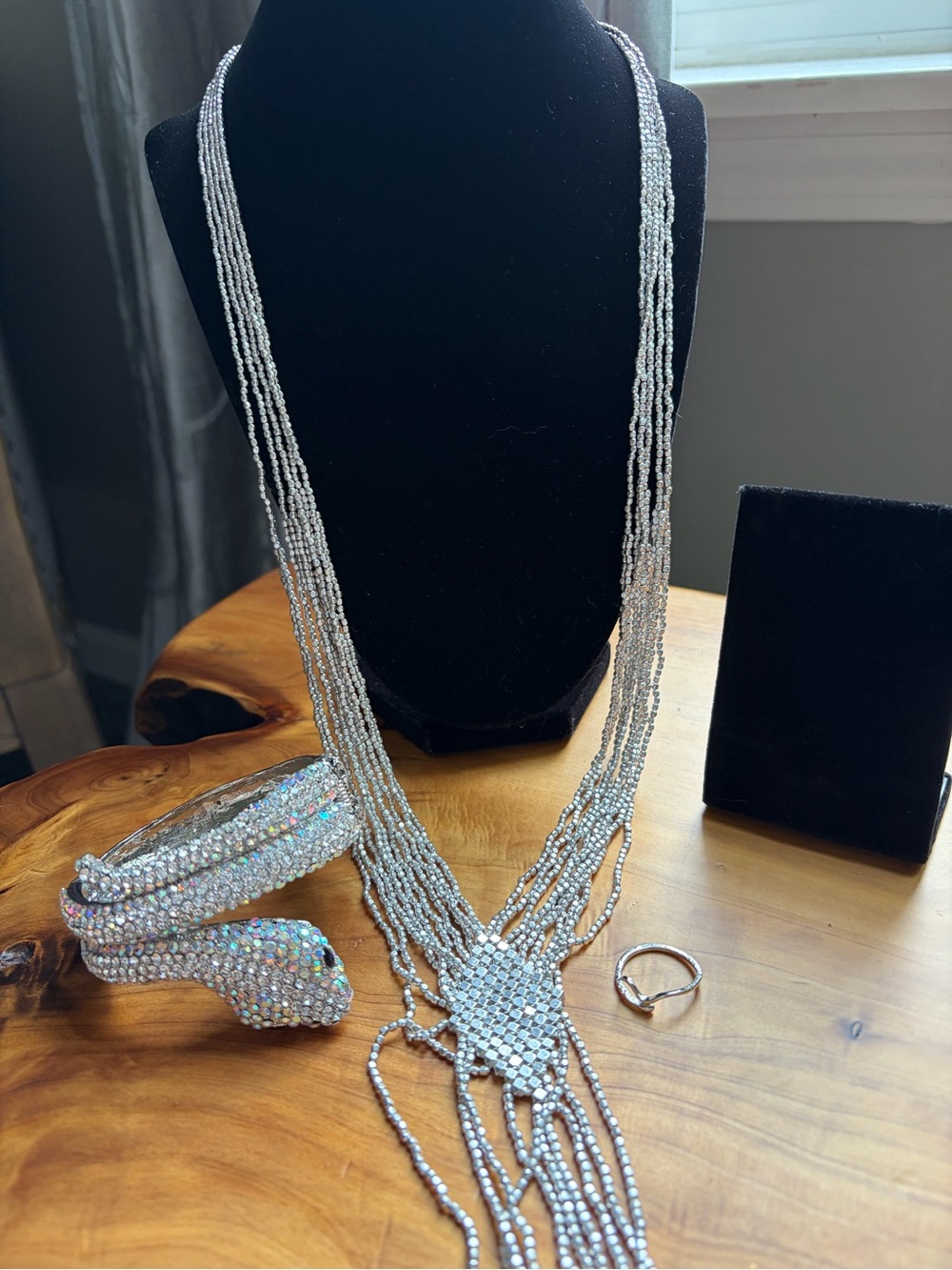 Multi-Strand Silver Necklace With Rhinestone Snake Bracelet and Silver Ring